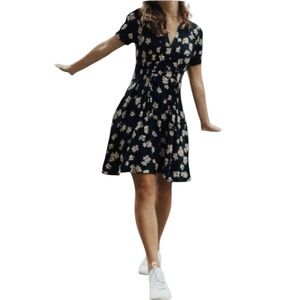 Free People Black Floral Midi Dress Women Short Sleeve Boho Fit & Flare | Size 0